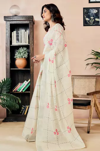 pre draped off-white linen zari screen printed zari work work, ceremony, party and festive saree