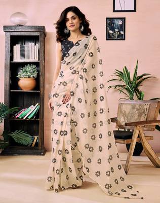 ready to wear beige chanderi cotton screen printed work, ceremony, party and festive saree 1