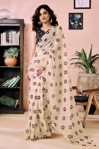 Beige chanderi cotton screen printed work, ceremony, party and festive ready to wear saree with blouse