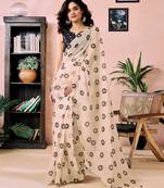 ready to wear beige chanderi cotton screen printed work, ceremony, party and festive saree with blouse