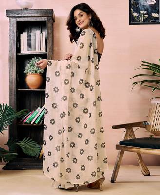 ready to wear beige chanderi cotton screen printed work, ceremony, party and festive saree 2