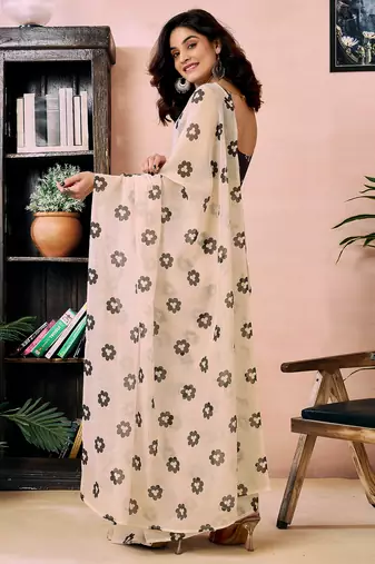 ready to wear beige chanderi cotton screen printed work, ceremony, party and festive saree