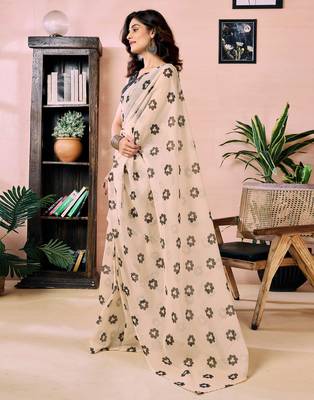 ready to wear beige chanderi cotton screen printed work, ceremony, party and festive saree 3