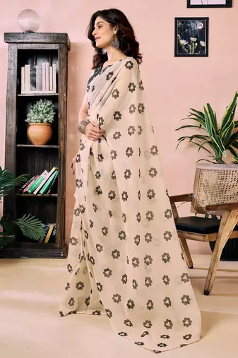 ready to wear beige chanderi cotton screen printed work, ceremony, party and festive saree