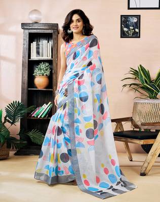 pre draped white linen zari screen printed zari work work, ceremony, party and festive saree 1