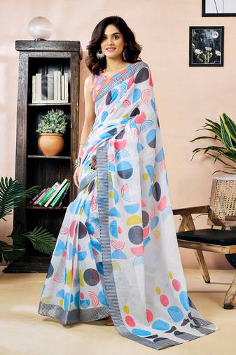 White linen zari screen printed zari work work, ceremony, party and festive ready to wear saree with blouse