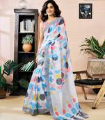 ready to wear white linen zari screen printed zari work work, ceremony, party and festive saree with blouse