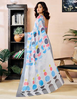 pre draped white linen zari screen printed zari work work, ceremony, party and festive saree 2