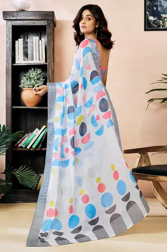 pre draped white linen zari screen printed zari work work, ceremony, party and festive saree