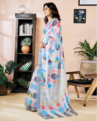 pre draped white linen zari screen printed zari work work, ceremony, party and festive saree 3