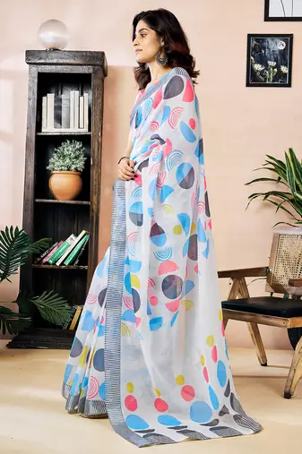 pre draped white linen zari screen printed zari work work, ceremony, party and festive saree