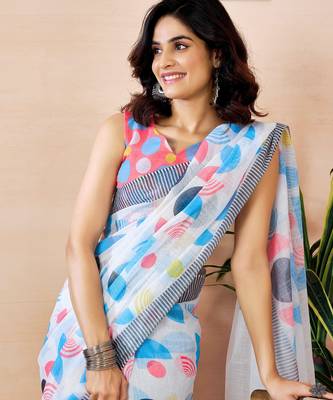 pre draped white linen zari screen printed zari work work, ceremony, party and festive saree 4