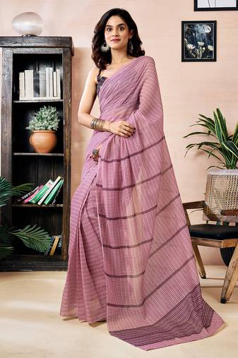 Pink chanderi cotton screen printed work, ceremony, party and festive ready to wear saree with blouse