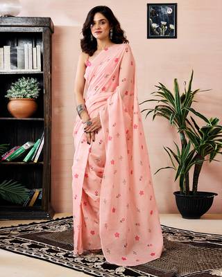 pre-stitched peach chanderi cotton screen printed work, ceremony, party and festive saree 1