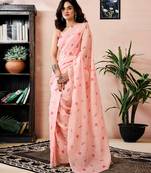 ready to wear peach chanderi cotton screen printed work, ceremony, party and festive saree with blouse