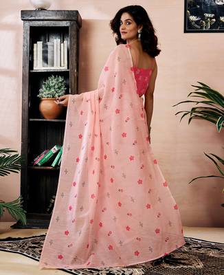 pre-stitched peach chanderi cotton screen printed work, ceremony, party and festive saree 2