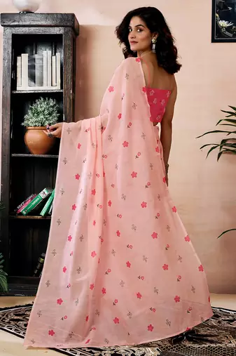 pre-stitched peach chanderi cotton screen printed work, ceremony, party and festive saree