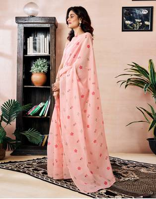 pre-stitched peach chanderi cotton screen printed work, ceremony, party and festive saree 3