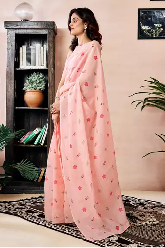 pre-stitched peach chanderi cotton screen printed work, ceremony, party and festive saree