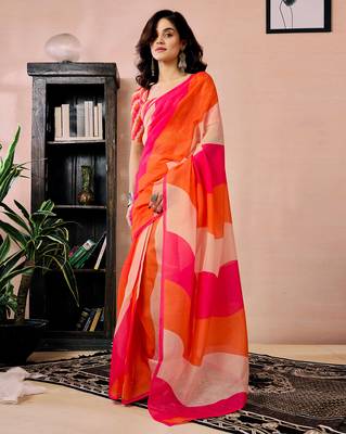 ready to wear pink, orange and beige chanderi cotton screen printed work, ceremony, party and festive saree 1