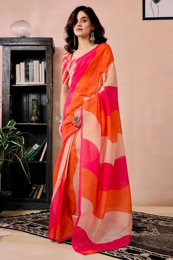 Pink, orange and beige chanderi cotton screen printed work, ceremony, party and festive ready to wear saree with blouse