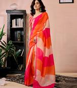 ready to wear pink, orange and beige chanderi cotton screen printed work, ceremony, party and festive saree with blouse