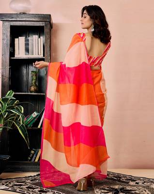 ready to wear pink, orange and beige chanderi cotton screen printed work, ceremony, party and festive saree 2