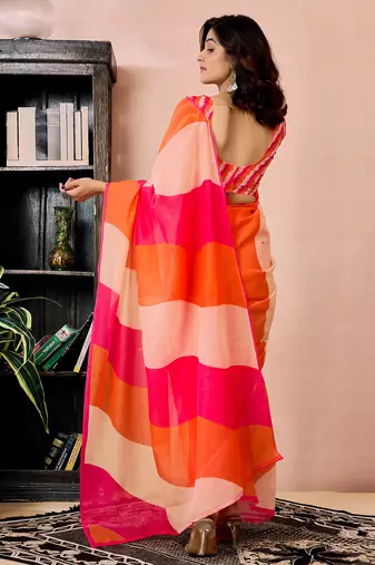 ready to wear pink, orange and beige chanderi cotton screen printed work, ceremony, party and festive saree