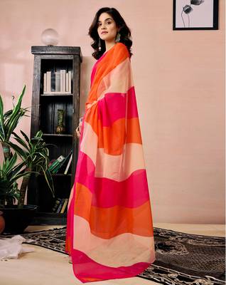 ready to wear pink, orange and beige chanderi cotton screen printed work, ceremony, party and festive saree 3