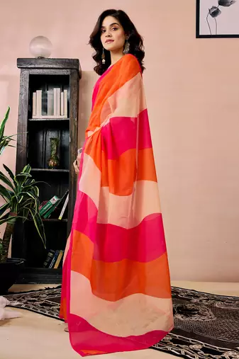ready to wear pink, orange and beige chanderi cotton screen printed work, ceremony, party and festive saree