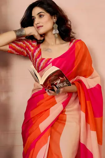 ready to wear pink, orange and beige chanderi cotton screen printed work, ceremony, party and festive saree
