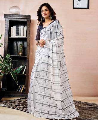 pre draped white chanderi cotton screen printed work, ceremony, party and festive saree 1