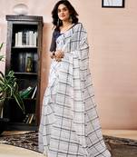 ready to wear white chanderi cotton screen printed work, ceremony, party and festive saree with blouse