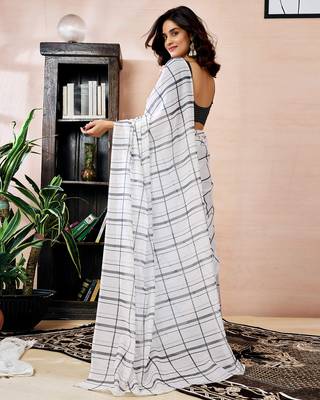 pre draped white chanderi cotton screen printed work, ceremony, party and festive saree 2