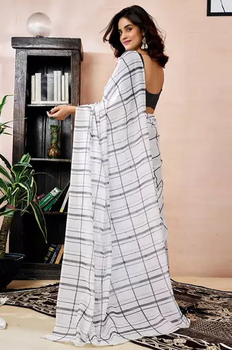 pre draped white chanderi cotton screen printed work, ceremony, party and festive saree