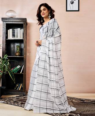 pre draped white chanderi cotton screen printed work, ceremony, party and festive saree 3