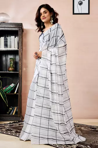 pre draped white chanderi cotton screen printed work, ceremony, party and festive saree