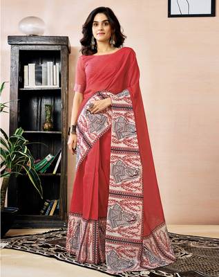 ready made red chanderi cotton screen printed work, ceremony, party and festive saree 1