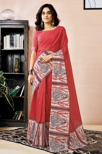 Red chanderi cotton screen printed work, ceremony, party and festive ready to wear saree with blouse