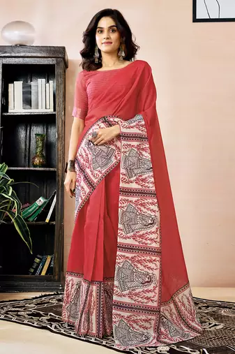 Red chanderi cotton screen printed work, ceremony, party and festive ready to wear saree with blouse