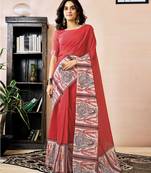 ready to wear red chanderi cotton screen printed work, ceremony, party and festive saree with blouse