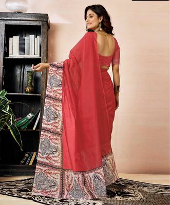 ready made red chanderi cotton screen printed work, ceremony, party and festive saree 2