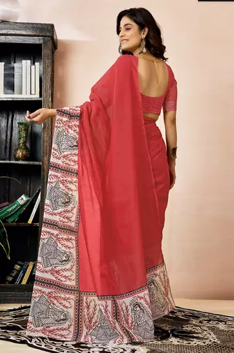 ready made red chanderi cotton screen printed work, ceremony, party and festive saree