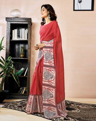 ready made red chanderi cotton screen printed work, ceremony, party and festive saree 3