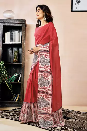ready made red chanderi cotton screen printed work, ceremony, party and festive saree