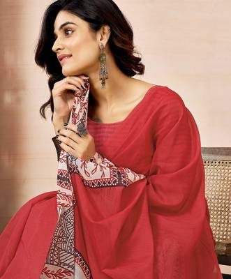 ready made red chanderi cotton screen printed work, ceremony, party and festive saree 4
