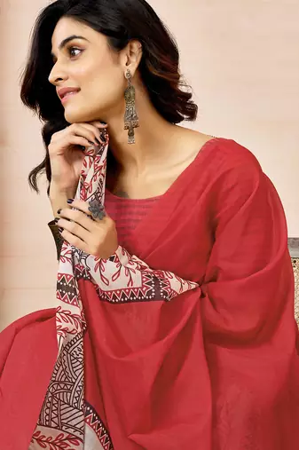 ready made red chanderi cotton screen printed work, ceremony, party and festive saree