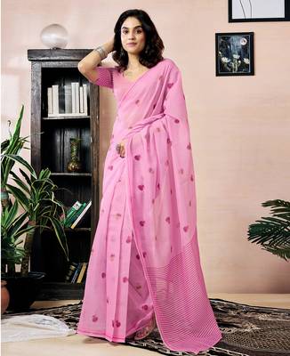 pre-stitched pink chanderi cotton screen printed work, ceremony, party and festive saree 1