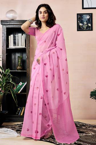 Pink chanderi cotton screen printed work, ceremony, party and festive ready to wear saree with blouse