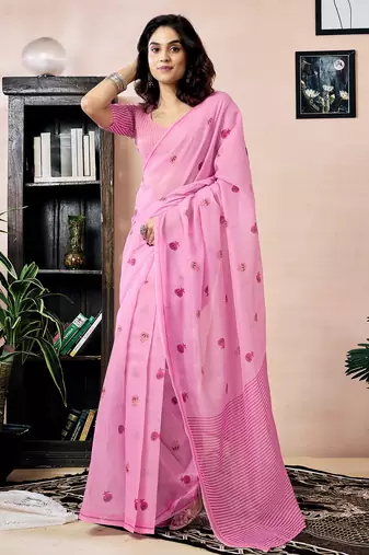 Pink chanderi cotton screen printed work, ceremony, party and festive ready to wear saree with blouse